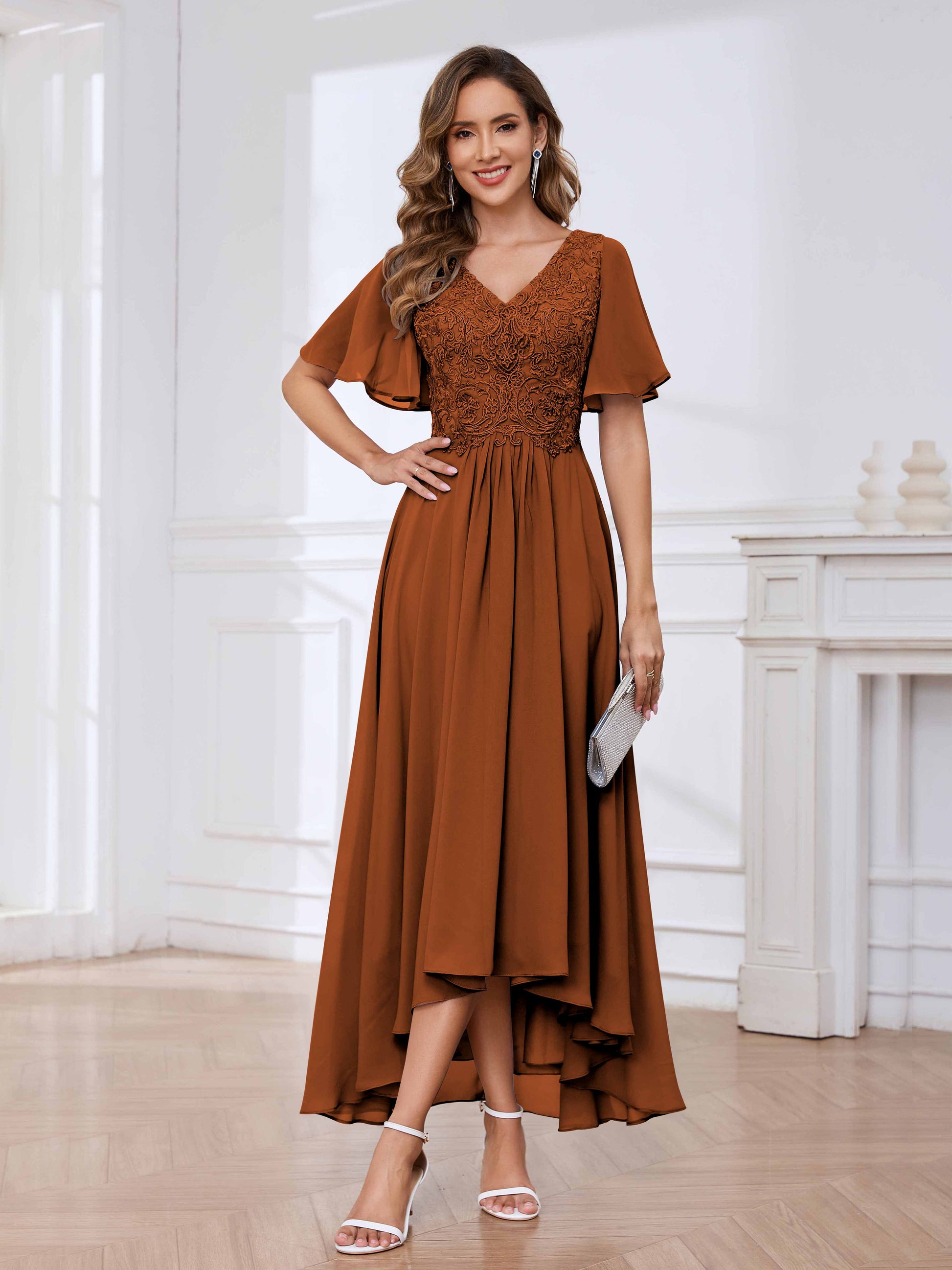 Flowing A-Line Short Sleeves Lace Chifon High Low Mother Of The Bride mollyevers.com Flowing A-Line Short Sleeves Lace Chifon High Low Mother Of The Bride mollyevers.com