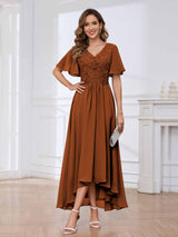 Flowing A-Line Short Sleeves Lace Chifon High Low Mother Of The Bride Dresses