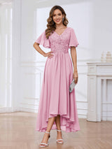 Flowing A-Line Short Sleeves Lace Chifon High Low Mother Of The Bride Dresses