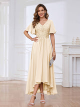 Flowing A-Line Short Sleeves Lace Chifon High Low Mother Of The Bride Dresses