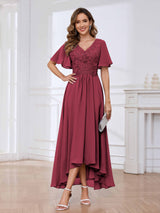 Flowing A-Line Short Sleeves Lace Chifon High Low Mother Of The Bride Dresses