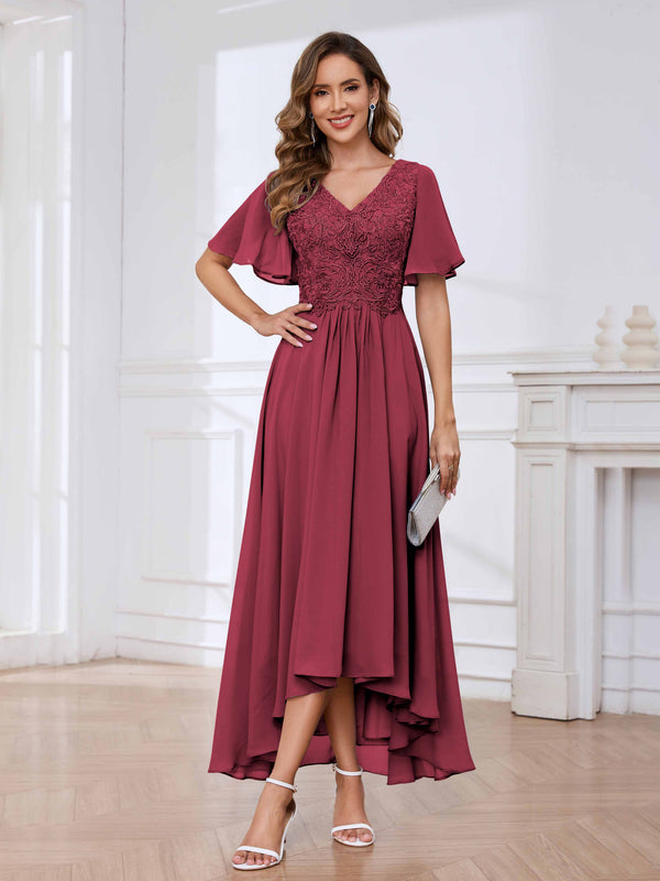 Cinnamon Rose Flowing A-Line Short Sleeves Lace Chifon High Low Mother Of The Bride Dresses