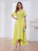 Flowing A-Line Short Sleeves Lace Chifon High Low Mother Of The Bride Dresses