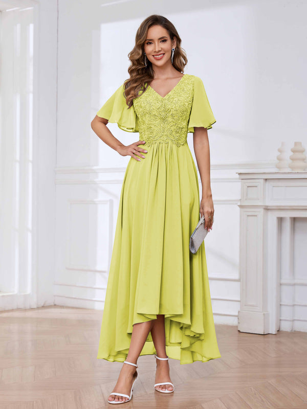 Daffodil Flowing A-Line Short Sleeves Lace Chifon High Low Mother Of The Bride Dresses