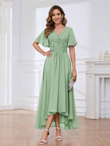 Flowing A-Line Short Sleeves Lace Chifon High Low Mother Of The Bride Dresses