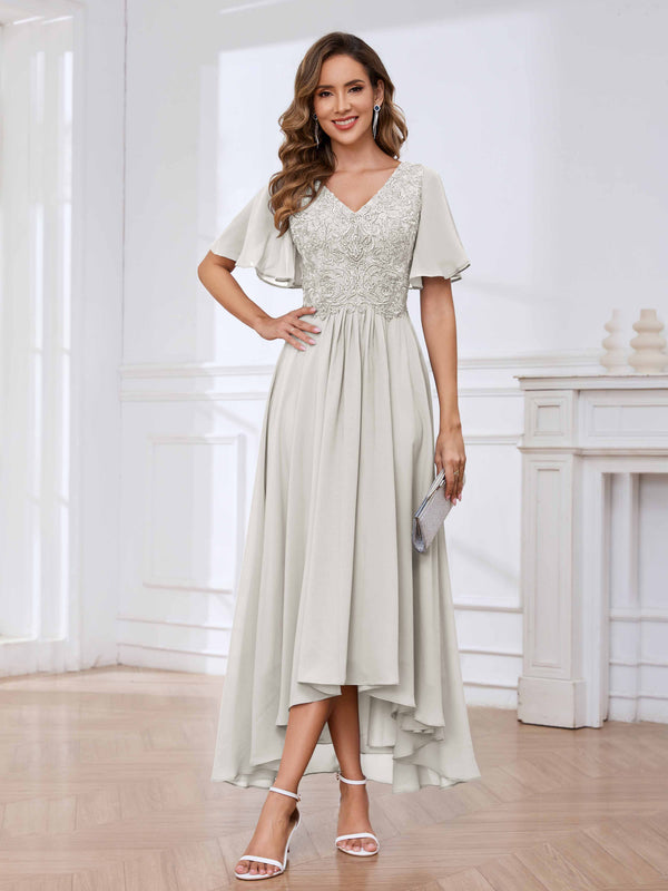 Ivory Flowing A-Line Short Sleeves Lace Chifon High Low Mother Of The Bride Dresses