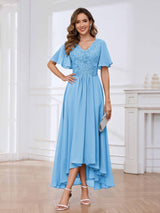 Flowing A-Line Short Sleeves Lace Chifon High Low Mother Of The Bride Dresses