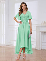 Flowing A-Line Short Sleeves Lace Chifon High Low Mother Of The Bride Dresses