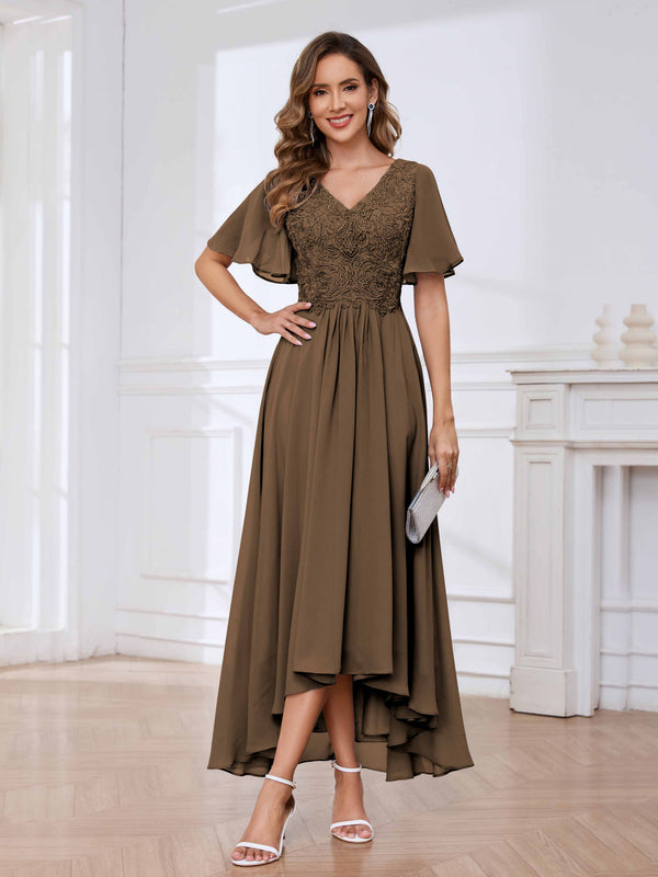 Mocha Flowing A-Line Short Sleeves Lace Chifon High Low Mother Of The Bride Dresses