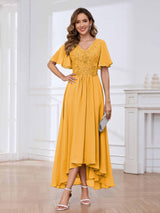 Flowing A-Line Short Sleeves Lace Chifon High Low Mother Of The Bride Dresses
