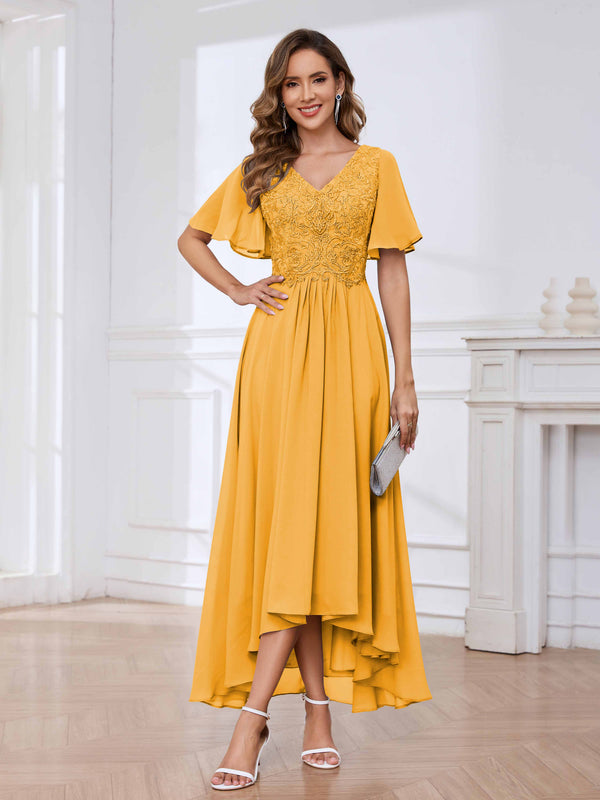 Mustard Flowing A-Line Short Sleeves Lace Chifon High Low Mother Of The Bride Dresses