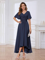 Flowing A-Line Short Sleeves Lace Chifon High Low Mother Of The Bride Dresses