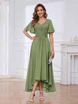 Flowing A-Line Short Sleeves Lace Chifon High Low Mother Of The Bride Dresses