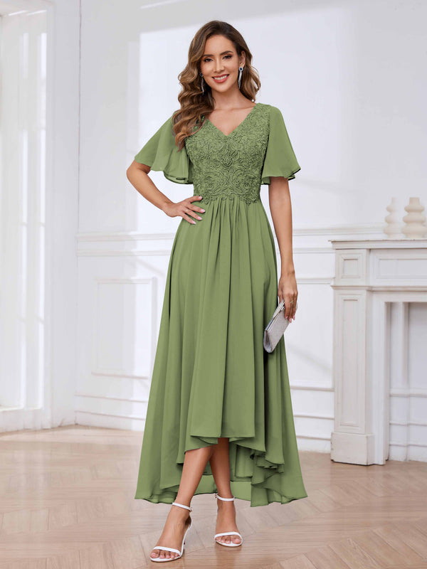 Olive Green Flowing A-Line Short Sleeves Lace Chifon High Low Mother Of The Bride Dresses