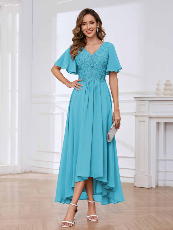 Pool Flowing A-Line Short Sleeves Lace Chifon High Low Mother Of The Bride Dresses