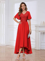 Flowing A-Line Short Sleeves Lace Chifon High Low Mother Of The Bride Dresses