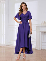 Flowing A-Line Short Sleeves Lace Chifon High Low Mother Of The Bride Dresses
