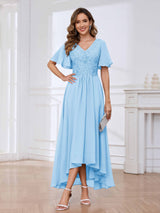 Flowing A-Line Short Sleeves Lace Chifon High Low Mother Of The Bride Dresses