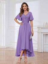 Flowing A-Line Short Sleeves Lace Chifon High Low Mother Of The Bride Dresses