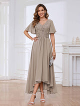 Flowing A-Line Short Sleeves Lace Chifon High Low Mother Of The Bride Dresses