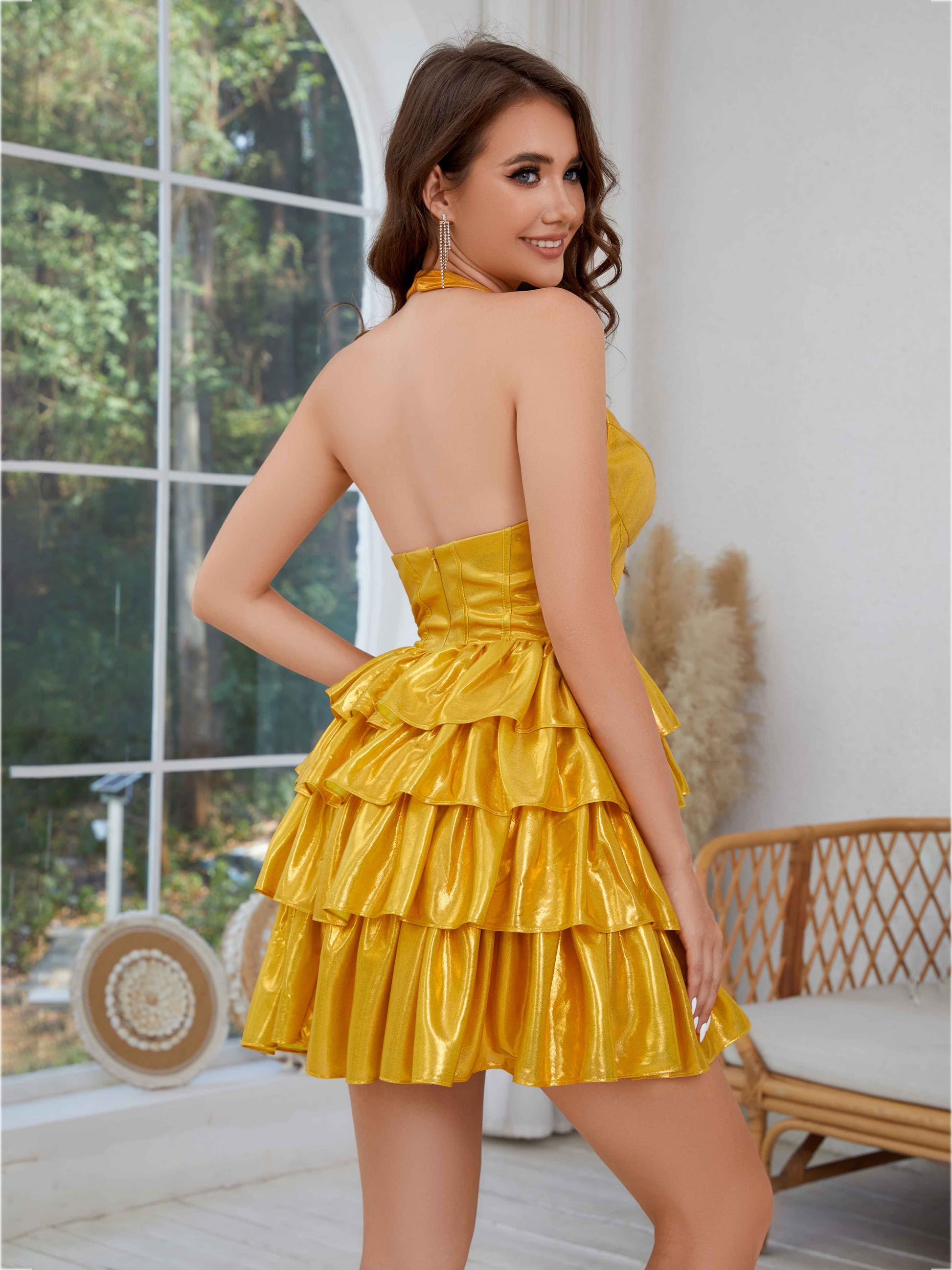 Flowing Halter A-Line Tiered Metallic Satin Mini Homecoming Dresses mollyevers.com Flowing Halter A-Line Tiered Metallic Satin Mini Homecoming Dresses mollyevers.com