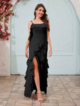 Flowing Spaghetti Straps Ruffles Slit Chiffon Bridesmaid Dresses