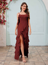 Flowing Spaghetti Straps Ruffles Slit Chiffon Bridesmaid Dresses