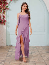 Flowing Spaghetti Straps Ruffles Slit Chiffon Bridesmaid Dresses