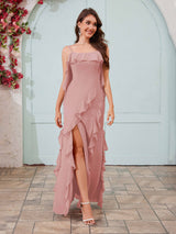 Flowing Spaghetti Straps Ruffles Slit Chiffon Bridesmaid Dresses