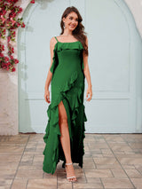 Flowing Spaghetti Straps Ruffles Slit Chiffon Bridesmaid Dresses