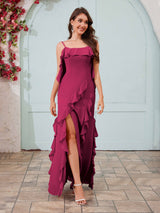 Flowing Spaghetti Straps Ruffles Slit Chiffon Bridesmaid Dresses
