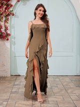 Flowing Spaghetti Straps Ruffles Slit Chiffon Bridesmaid Dresses