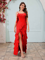Flowing Spaghetti Straps Ruffles Slit Chiffon Bridesmaid Dresses