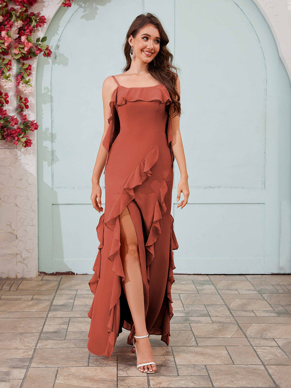 Rust Flowing Spaghetti Straps Ruffles Slit Chiffon Bridesmaid Dresses
