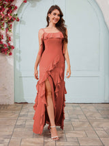 Flowing Spaghetti Straps Ruffles Slit Chiffon Bridesmaid Dresses