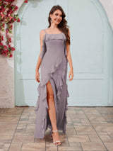 Flowing Spaghetti Straps Ruffles Slit Chiffon Bridesmaid Dresses