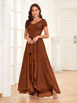 Flowing V-Neck Short Sleeves Ruffles Lace Mother Of The Bride Dresses