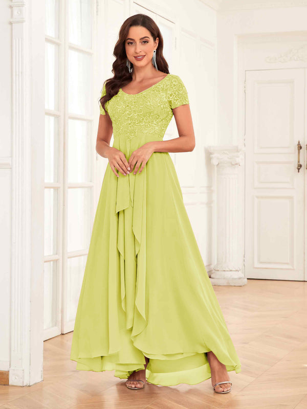 Daffodil Flowing V-Neck Short Sleeves Ruffles Lace Mother Of The Bride Dresses