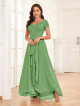 Flowing V-Neck Short Sleeves Ruffles Lace Mother Of The Bride Dresses