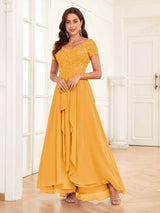 Flowing V-Neck Short Sleeves Ruffles Lace Mother Of The Bride Dresses
