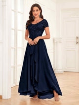 Flowing V-Neck Short Sleeves Ruffles Lace Mother Of The Bride Dresses