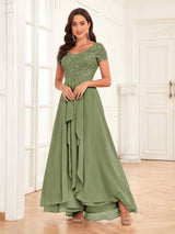 Flowing V-Neck Short Sleeves Ruffles Lace Mother Of The Bride Dresses