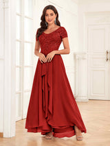 Flowing V-Neck Short Sleeves Ruffles Lace Mother Of The Bride Dresses