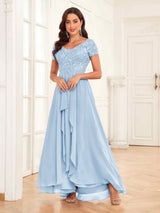 Flowing V-Neck Short Sleeves Ruffles Lace Mother Of The Bride Dresses
