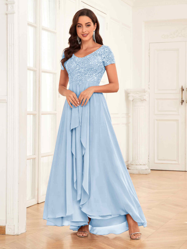 Sky Blue Flowing V-Neck Short Sleeves Ruffles Lace Mother Of The Bride Dresses
