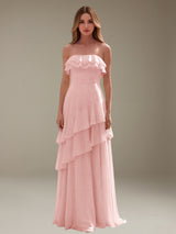 Flowy A-Line Strapless Bridesmaid Dress Floor Length with Ruffles