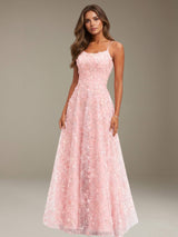 Free Shipping Embroidered Spaghetti Strap Spring Prom Dress Lace-Up Back Floor Length