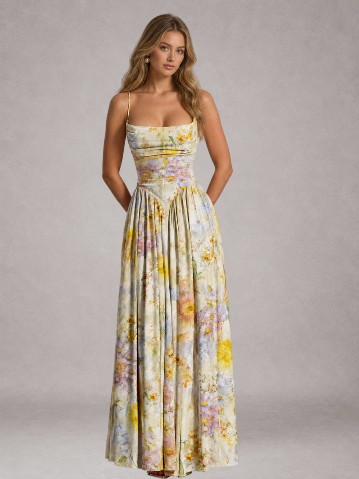Free Shipping Garden Floral Spaghetti Strap Cowl Neck A-Line Long Bridesmaid Dress with Lace-Up Back