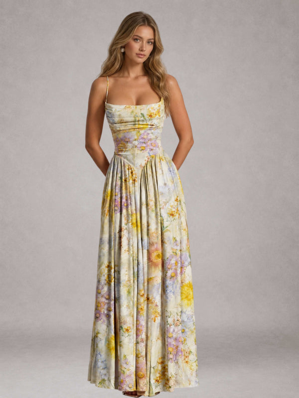 Free Shipping Garden Floral Spaghetti Strap Cowl Neck A-Line Long Bridesmaid Dress with Lace-Up Back