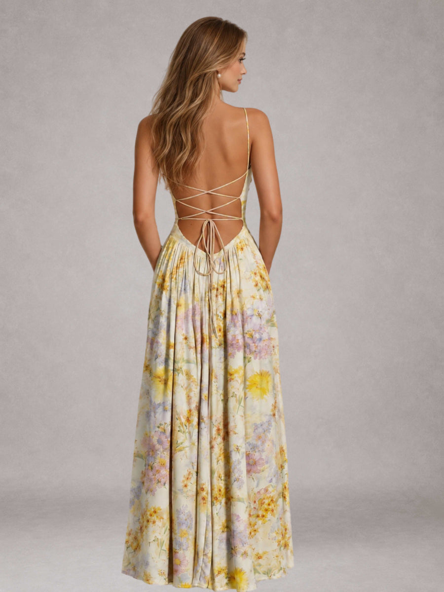 Free Shipping Garden Floral Spaghetti Strap Cowl Neck A-Line Long Bridesmaid Dress with Lace-Up Back